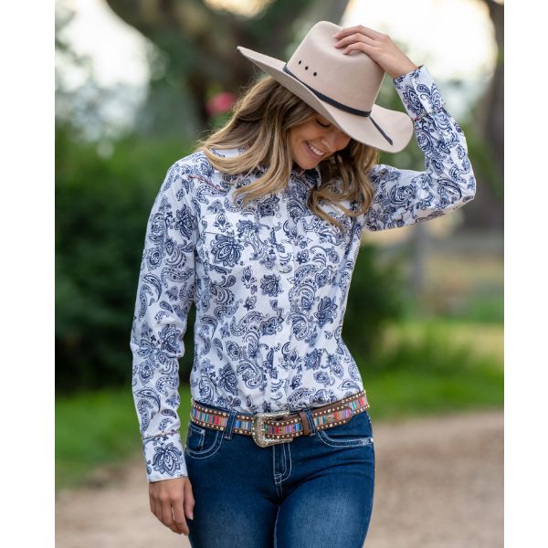 Pure Western Velma Print Western Long Sleeve Shirt White/Navy - EQ Saddlery