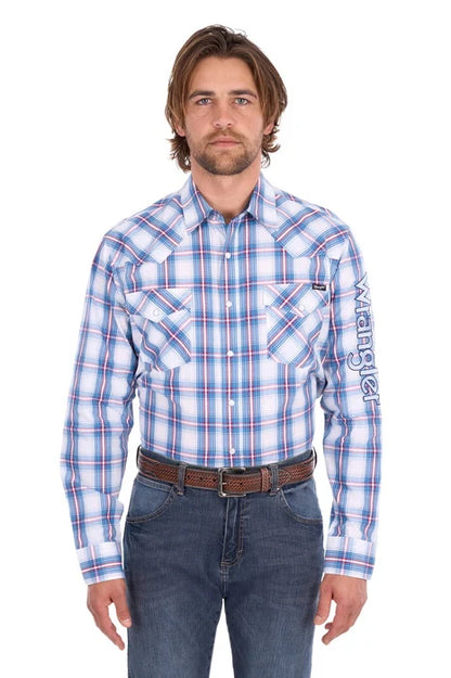 Wrangler Mens Louis Check Logo Western Long Sleeve Shirt