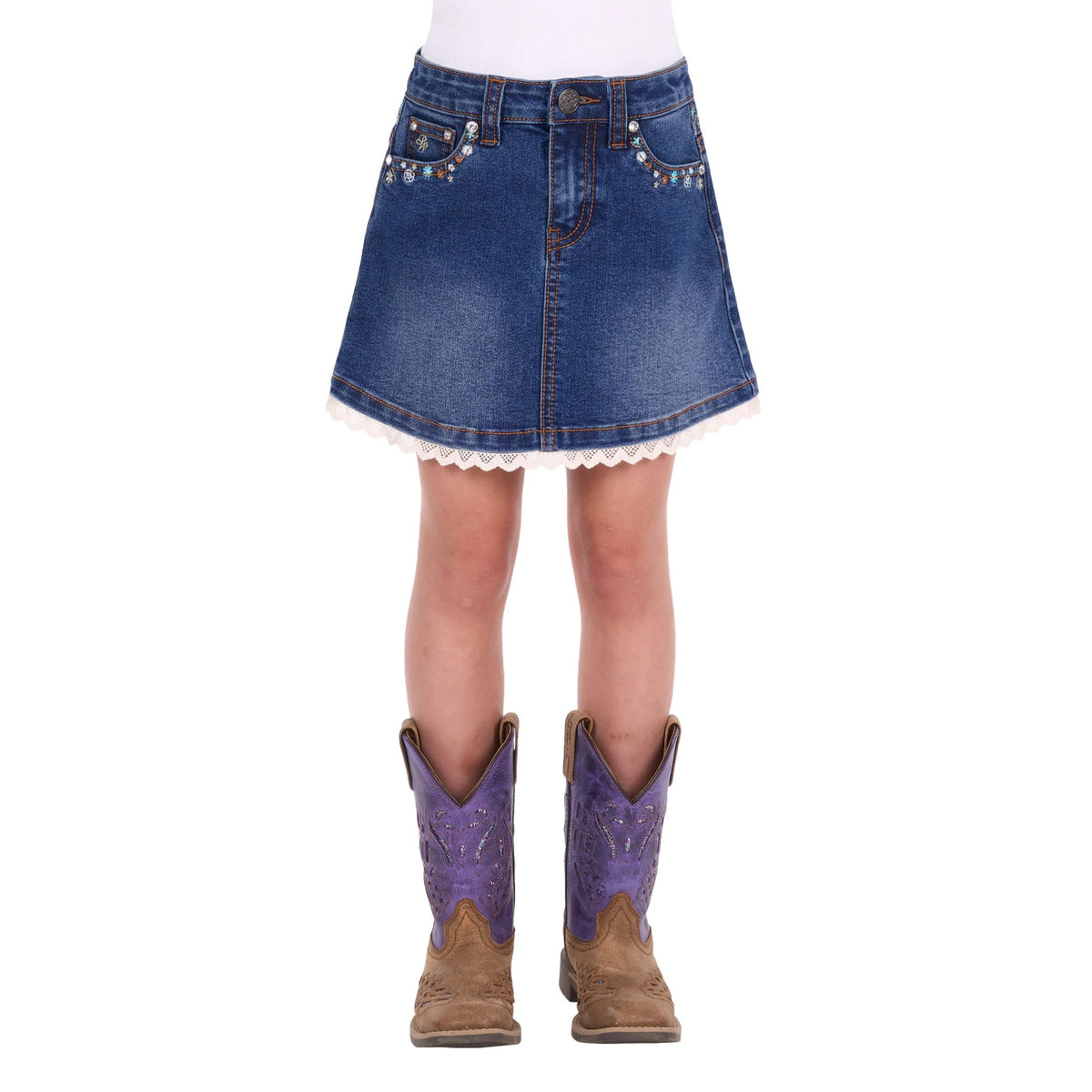 Pure Western Girls Bronte Lace Trim Denim Skirt