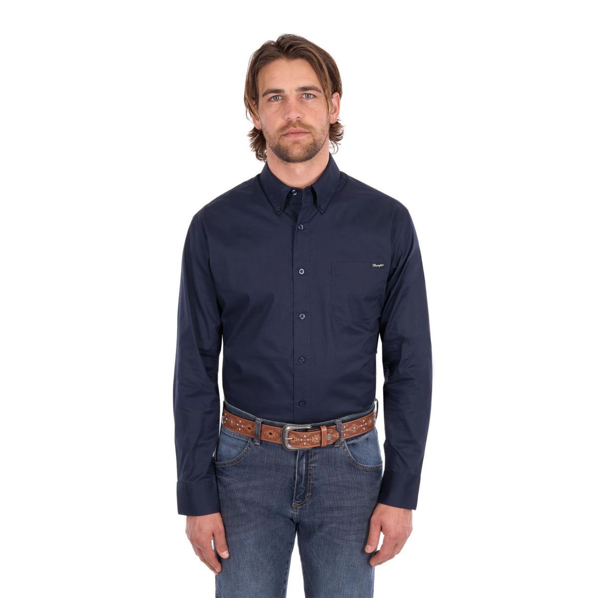 Wrangler Mens Flex Tech Logo 1 Pocket Button Down Long Sleeve Shirt