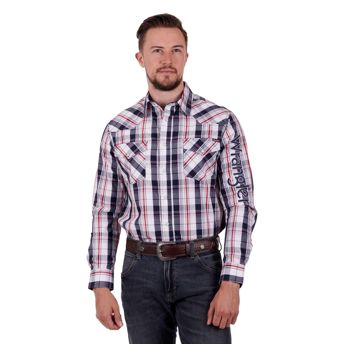 Wrangler Mens Hume Check Logo Western Long Sleeve Shirt - EQ Saddlery