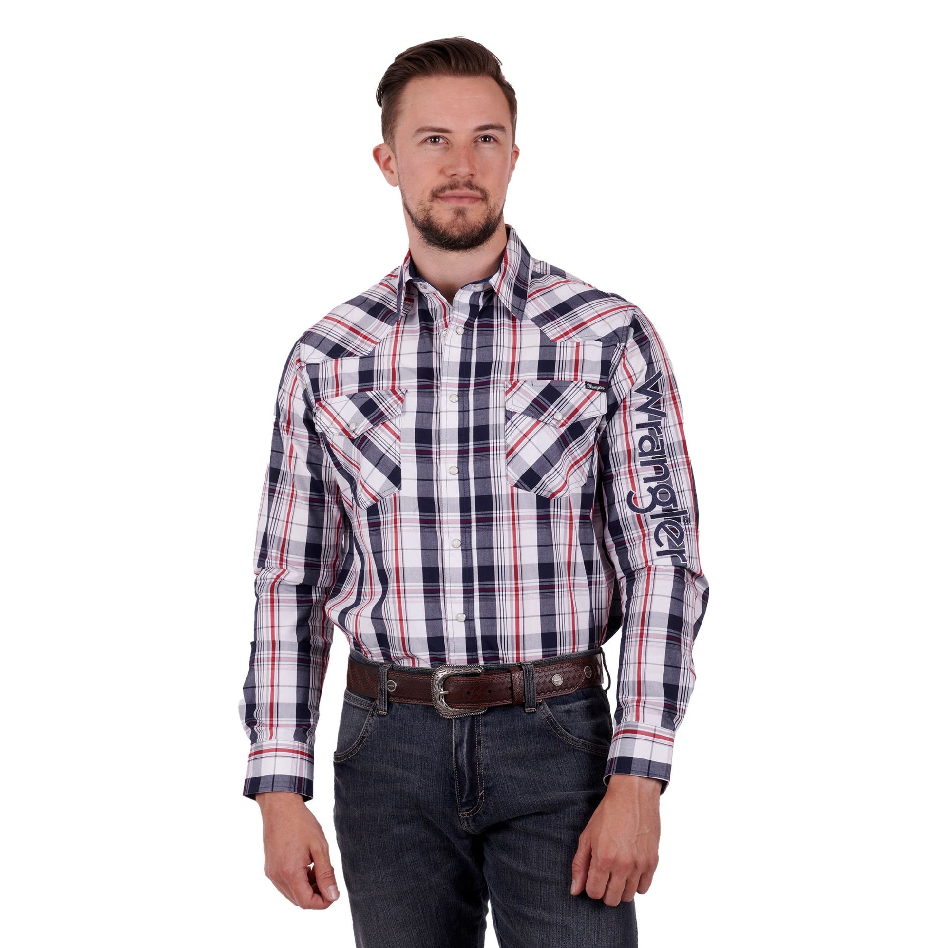 Wrangler Mens Hume Check Logo Western Long Sleeve Shirt - EQ Saddlery