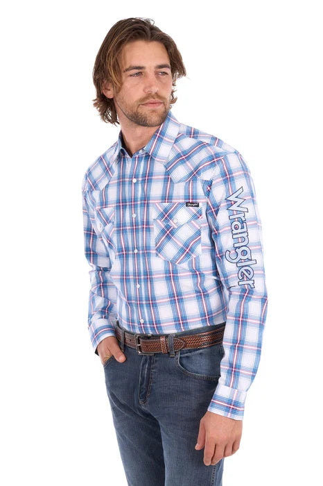 Wrangler Mens Louis Check Logo Western Long Sleeve Shirt
