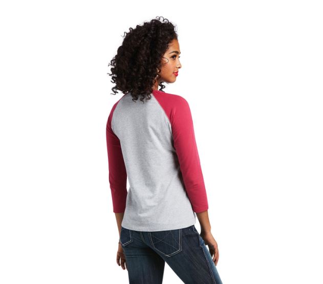 Ariat Womens REAL Long Live Baseball Tee Heather Grey/Red Bud - EQ Saddlery