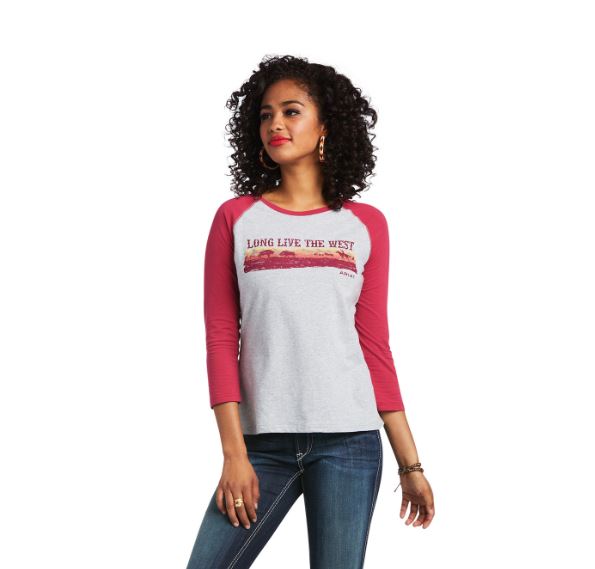 Ariat Womens REAL Long Live Baseball Tee Heather Grey/Red Bud - EQ Saddlery