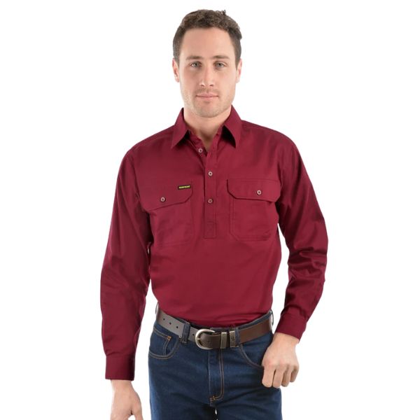 Hard Slog Mens Half Placket Light Cotton Shirt Burgundy - EQ Saddlery