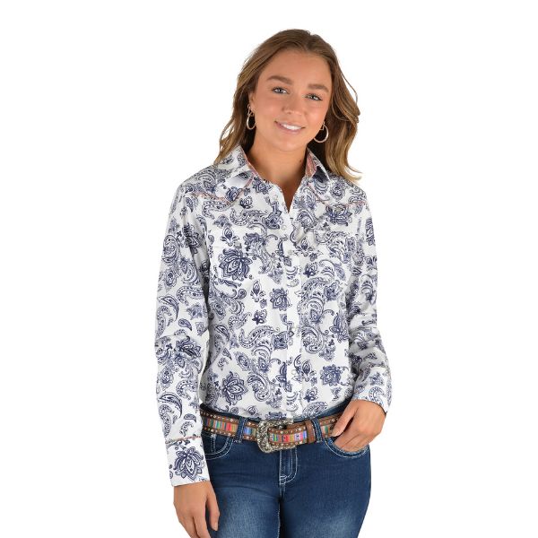 Pure Western Velma Print Western Long Sleeve Shirt White/Navy - EQ Saddlery