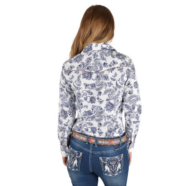 Pure Western Velma Print Western Long Sleeve Shirt White/Navy - EQ Saddlery