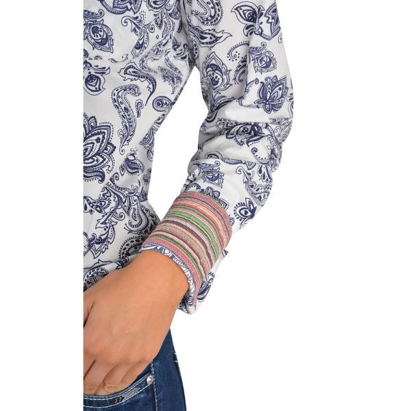 Pure Western Velma Print Western Long Sleeve Shirt White/Navy - EQ Saddlery